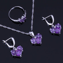 Encantador corazón en forma de circonita cúbica púrpura 925 juegos de joyas de plata de ley para mujeres pendientes colgante anillo de cadena V0977 2024 - compra barato
