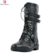 Botas a media pantorrilla para mujer con estilo de intención Original, botas de invierno de tacón cuadrado de punta redonda populares, zapatos negros para mujer, tallas grandes de EE. UU. 4-15 2024 - compra barato