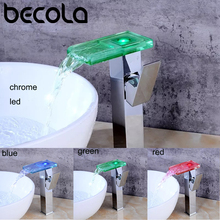 Becola led chrome torneira da pia do banheiro cachoeira torneira led luz de água fria e quente bacia torneira misturadora BR-716 2024 - compre barato