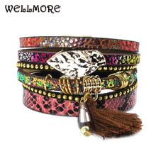 WELLMORE-pulsera de cuero Bohemia para mujer, brazalete con borlas, cristal, hojas, joyería al por mayor 2024 - compra barato