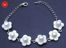 Qingmos 14mm White Flower Shell Bracelet for Women with 6-7mm Natural White Flat Pearl Bracelet Jewelry Adjustable 6-8.5" bra253 2024 - buy cheap