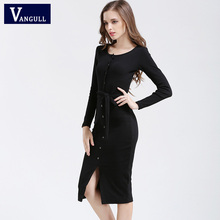 Vangull Knitted Belt Sweater Dress Womens Spring Autumn Black Grey Basic Button Split Sheath Dresses Fitness Office Lady Dress 2024 - buy cheap