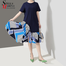 2019 Korean Style Women Summer Blue Sundress Short Sleeve Patchwork Female Casual Wear Midi Dress Straight Style Robe Femme 5036 2024 - buy cheap