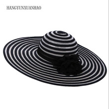 2019 novo verão feminino palha panamá chapéus com listrado preto feminino flowped flowpy moda aba larga chapéu de sol com flores 2024 - compre barato