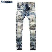 Мужские Винтажные потертые джинсы Sokotoo, рваные камуфляжные зауженные прямые джинсы составного кроя с заплатками и дырками 2024 - купить недорого
