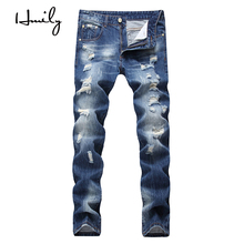 HMILY Jeans Men Straight Distressed Hip Hop Denim Pants Trousers Hole New Fashion Men Stretch Jeans Pants Plus Size 38 42 2024 - buy cheap