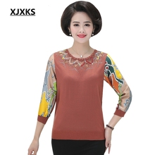 XJXKS 2021 New Spring Tops Middle-aged Pullover Women Sweater Transparent Thin Splice Casual Pull Femme Top Women Sweaters 2024 - buy cheap