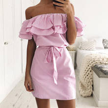 New fashion Mini Dress 2020 summer off-shoulder lotus sleeve large size 3XL print striped cotton blend women dresses 8043 2024 - buy cheap