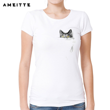 2019 camiseta com estampa de gato assustadora, gatos engraçados com design de bolso, camiseta feminina casual de verão, manga curta estampada 2024 - compre barato