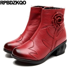 Women Ankle Boots Medium Heel Chunky Winter Flower Applique Chinese Shoes 2021 Short High Cheap Booties Round Toe Waterproof Red 2024 - buy cheap
