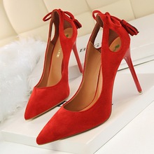 Spring Women Shoes Pointed Toe Pumps 10CM Thin Heels Wedding Dress Flock Rear Hollow Bow tie tassel High Heels Boat Shoes 2024 - buy cheap