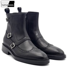 Botas masculinas couro bovino com zíper lateral esculpido clássico estiloso preto bico fino fivela dupla altura aumento 2024 - compre barato