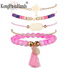 Conjunto de 5 pulseras bohemias para mujer, accesorios de regalo de amistad, cuentas con flecos de palmera rosa 2024 - compra barato