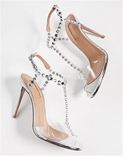 Women Elegant Fashion Peep Toe Clear PVC Rhinestone Beaded Stiletto Heel Sandals Silver Crystal High Heel Sandals Wedding Shoes 2024 - buy cheap