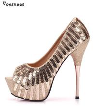 Zapatos de tacón alto de 14CM para mujer, calzado de boda fino, de tela con lentejuelas plateadas, Sexy 2024 - compra barato