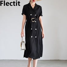 Vestido fectit para negócios, vestido duplo breasted com cinto de anel, manga curta, lapela, vestido midi, moda coreana feminina * 2024 - compre barato