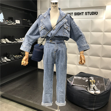 Женский винтажный комбинезон, синие джинсы с отворотом, 2019 2024 - купить недорого