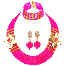 Африканская розовая фуксия, бусы, ювелирный набор, кристалл, бисер, нигерийский Свадебный костюм, ожерелье, браслет, серьги, 5LDH03 2024 - купить недорого