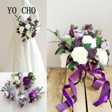 YO CHO Elegant Purple Wedding Wrist Flowers Bridesmaid Silk Rose Corsages Hand Flower Artificial Flowers For Wedding Decoration 2024 - buy cheap