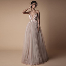 Sexy Tulle Long Evening Dress 2019 New Arrival Backless Court Train Flowers Blush A Line Special Occasion Prom Gowns Custom Made 2024 - buy cheap