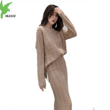 OKXGNZ Fashion Two Piece Set Women Dress 2018 Autumn Winter Knitted Long Sleeve Top Sweater V Neck Loose Women Sweater Dress 2024 - buy cheap