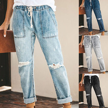 Women Street Casual Jeans Elastic Waist Ripped Hole Denim Jean Plus Size Straight Pants Trousers 2024 - buy cheap