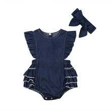 Bebê meninas roupas recém-nascidos denim macacão babados macacão verão outfits 2 peças 2024 - compre barato