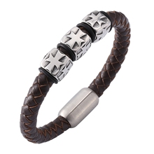 Punk Jewelry Cross Men Bracelet Brown Braided Leather Bracelet Male S.Steel Magnetic Buckle Charm Mens Trendy Wristband SP0153 2024 - buy cheap