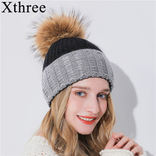 Xtrês chapéu de inverno de caxemira, chapéu de malha feminino e feminino, gorros quentes com pelo de vison, chapéu pompom 2024 - compre barato