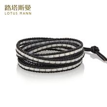 Lotus Mann Black leather rope five laps pearl grey glass bead weaving spiral wound bracelet 2024 - buy cheap