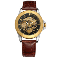 Fasion Winner Top Brand Men Black Gold Hollow Engraving Elegant Leather Men's Sports Watch Automatic Self Wind Skeleton Clock 2024 - buy cheap