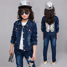 2019 Girl Denim Suit Spring Autumn Hot Children Suit Girls Cotton Butterflies Beauty Suit Two Piece Denim Set 4-15T Jeans Cowboy 2024 - buy cheap