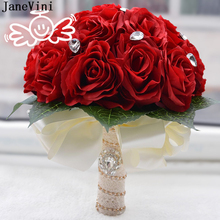 Janevini buquê de flores de casamento vermelho, vintage, com cristal, rosas de seda artificiais ao ar livre, broche de buquê de casamento 2024 - compre barato