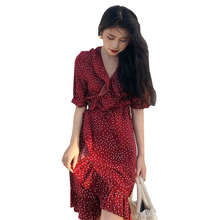 summer New style popular France sweet red  chiffon one-piece dress elegant lady printed casual female sundress Plus-sized dress 2024 - buy cheap