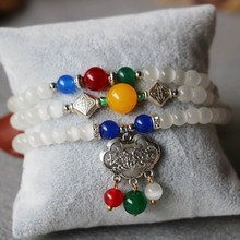 Pulsera de ópalo de plata tibetana, candado de honor, riqueza, longevidad, colgante, joyería, cadena multicapa, collar de piedra Natural, 6mm 2024 - compra barato