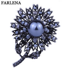 FARLENA Jewelry Black Crystal Rhinestone Flower Brooches for Women Vintage Simulated Pearl Brooch Pins 2024 - buy cheap