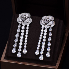 GODKI Brand New Fashion Luxury Rose Flower Full Pave Cubic Zirconia Long Dangle Tassel Wedding Earring For Women 6CM*2CM 2024 - купить недорого