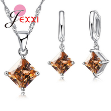 925 Sterling Silver Square Sparkling Crystals Women Wedding Beautiful Necklace Pendant Earrings Jewelry Set Lover Gifts 2024 - buy cheap