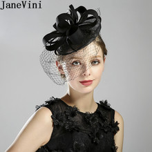 JaneVini Black/Red Vintage Bridal Hat Face Veil Feathers Fascinators Flower Holiday Party Formal Womens Wedding Hat Headwear 2024 - buy cheap