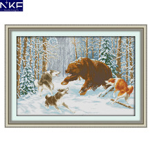 NKF-Kit de bordado de Lobo y oso en la nieve, punto de cruz hecho a mano, juego de punto de cruz de animales para decoración del hogar 2024 - compra barato