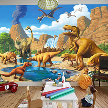 3D мультяшная настенная бумага на заказ, детская комната, детский сад, динозавры, фрески обои из древесного волокна Papel De Parede Infantil 3D 2024 - купить недорого
