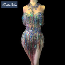 Christia Bella Bling Bling Rhinestone Bodysuit Women Stage Costumes Nightclub Tassel Jumpsuit Sexy Singer Outfits Performance 2024 - buy cheap
