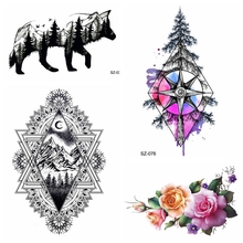 Watercolor Compass Tattoo Stickers Women Men Arm Art Pine Tree Temporary Tattoo Men Fashion Flower Chains Fake Tatoos Small Wolf 2024 - buy cheap