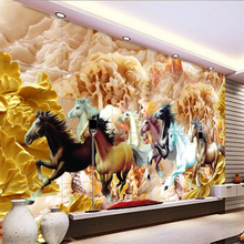 Custom wallpaper 3D solid mural high-grade wood carving Peony eight horse figure living room papier peint background wall paper 2024 - buy cheap