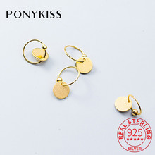 PONYKISS Classic S925 Sterling Silver Chic Gold Round Pendant Hoop Earrings Women Prevent Allergy Fine Accessory Fashion Gift 2024 - buy cheap