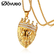 DOYUBO-collares con colgante de cabeza de león de acero inoxidable para hombre, con diamantes de imitación blancos, corona de Color dorado, collares de animales DC242 2024 - compra barato