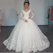 New Romantic V-neck Elegant Princess Wedding Dress 2019 Long Sleeves Appliques Celebrity Ball Gown vestido De Noiva 2024 - buy cheap