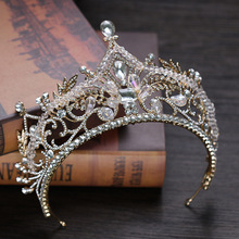 Vintage hecho a mano de lujo enorme de cuentas de cristal princesa diadema de novia decoración del pelo dorado grande corona Tiara para novia de boda 2024 - compra barato