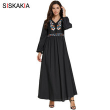 Siskakia Casual Muslim Long Dress Ethnic V Neck Long Sleeve Floral Embroidery Maxi Dresses Black Plus Size Arabian Clothing 2019 2024 - buy cheap