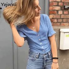 Yojoceli 2019 summer v neck button dot blouses shirt women cute female blusas tops streetwear ruffle tops 2024 - buy cheap